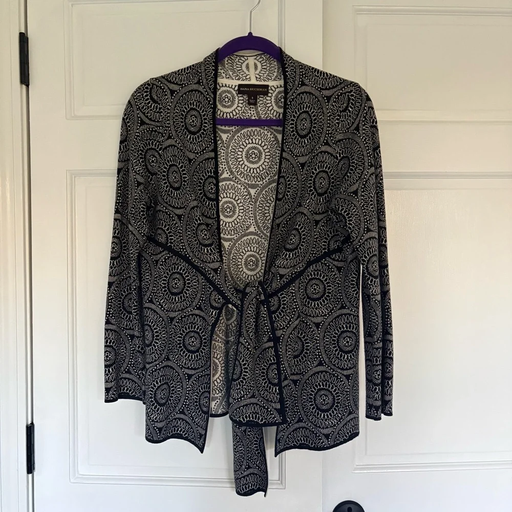 Dana Buchman Black and Cream Patterned Cardigan - Picture 1 of 5